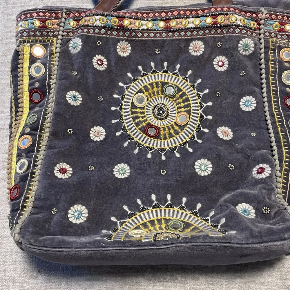 Mira Embroidered Velvet Tote Bag Boho‎ Gypsy Mirror Work Handmade Purse - Picture 2 of 8